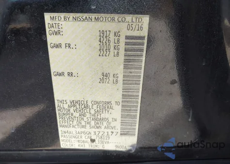 2016 Nissan Altima 2.5 S z USA, uszkodzony, nr VIN 1N4AL3AP6GN372177